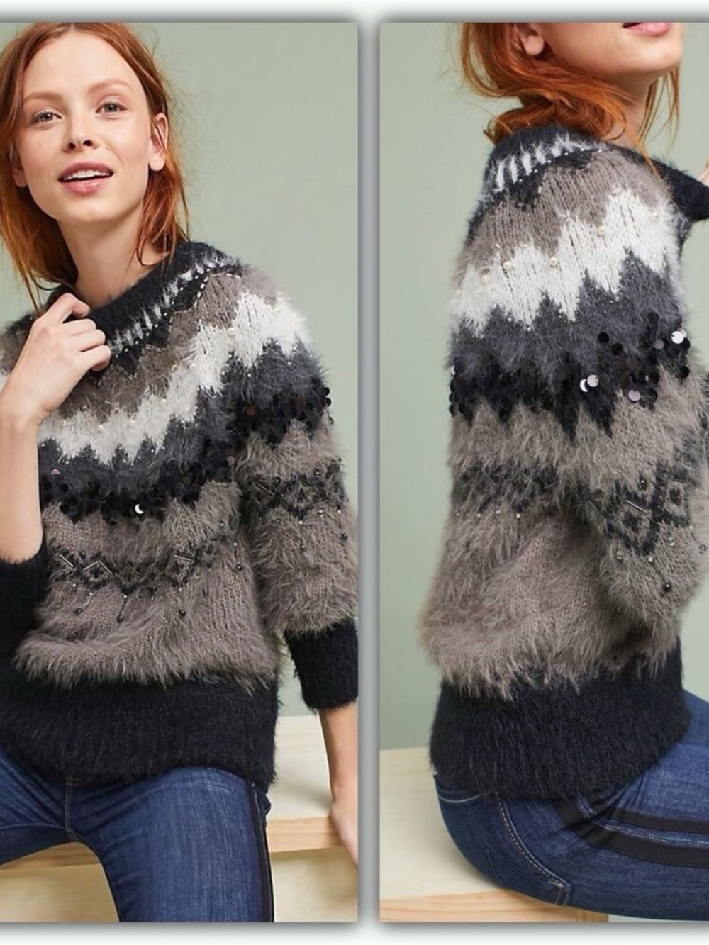 Sleeping on Snow for Anthropologie Sequin Fair Isle Crewneck Sweater size xs